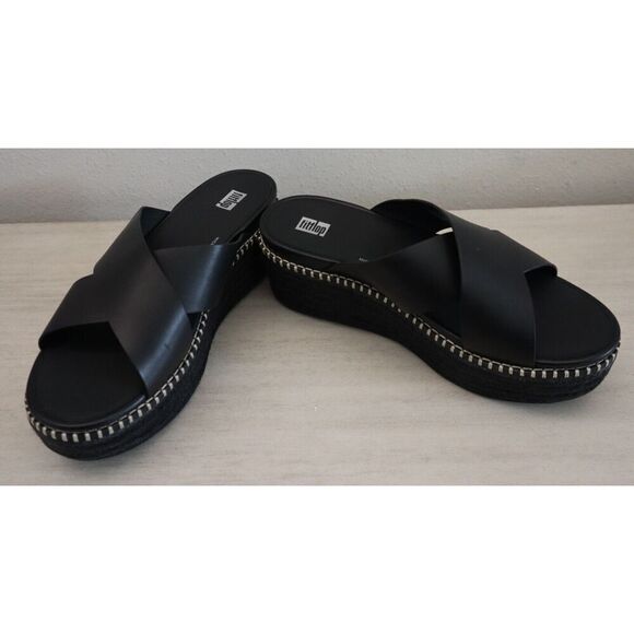 FitFlop Women's Sz 9 Black Eloise Espadrille Leather Wedge Cross Slides - Picture 3 of 15